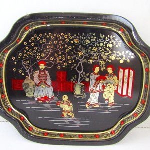 Vintage Tin Metal Small Serving Tray Collectible Asian Decor 7-9/16" Inch